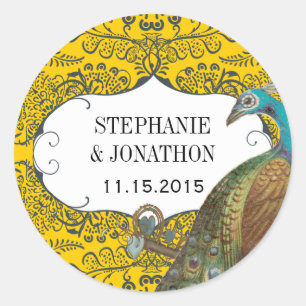 Sticker Rond Sceau de mariage de l'oiseau d'amour du paon de la