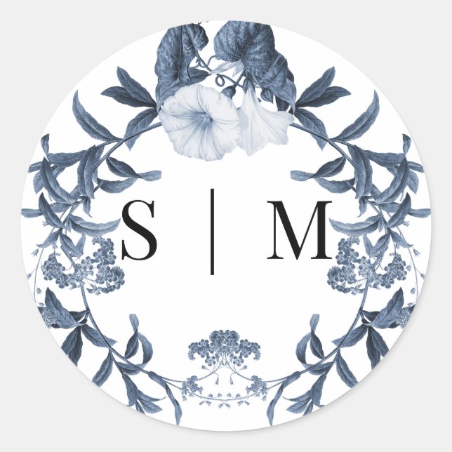Sticker Rond Sceau de mariage floral de printemps Bleu et Blanc (Devant)
