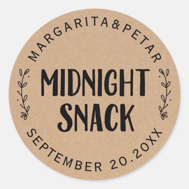 Sticker Rond Sceau de Mariage Kraft Rustique Snack de Minuit (Devant)