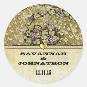 Sticker Rond Sceau de mariage oiseaux paon Art Nouveau arche