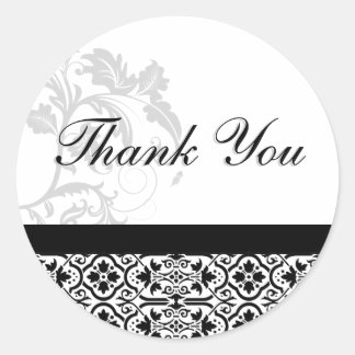 Sticker Rond Sceau de Merci - Mariage damassé noir et blanc