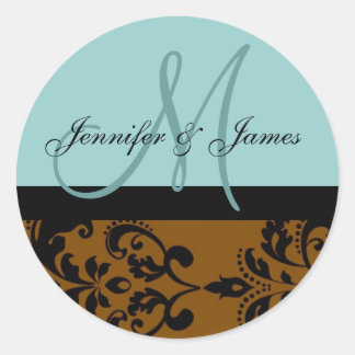 Sticker Rond Sceau de monogramme bleu Mariage damassé Brown