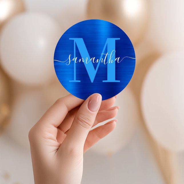 Sticker Rond Sceau de Monogramme Royal Bleu Feuille  (Signature Monogram Royal Blue Foil Classic Round Sticker)