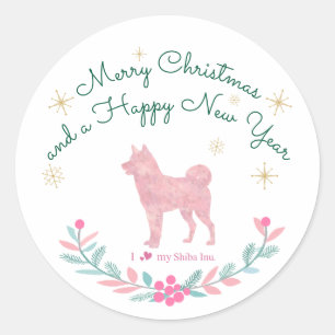 Sticker Rond Sceau de Noël Shiba Inu personnalisé en rose paste