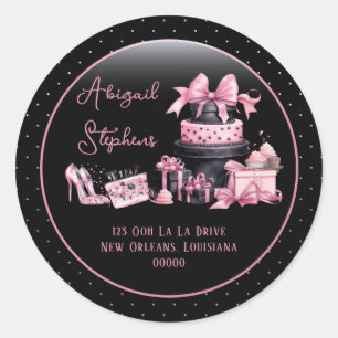 Sticker Rond Sceau de retour d'adresse de mode rose noir glamou
