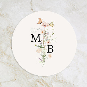 Sticker Rond Sceau d'enveloppe à monogramme de fleur sauvage ru