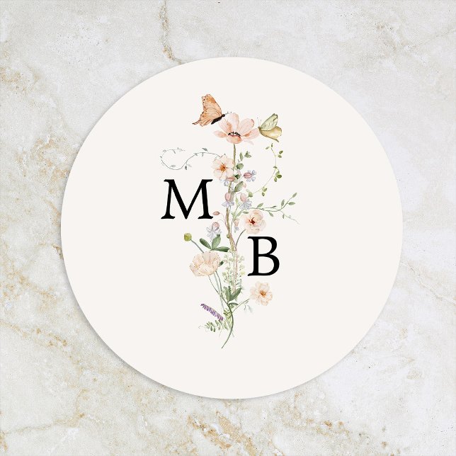 Sticker Rond Sceau d'enveloppe à monogramme de fleur sauvage ru (Créateur téléchargé)