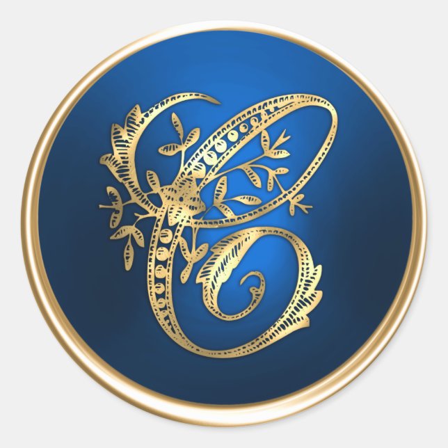 Sticker Rond Sceau d'enveloppe C Monogramme or et bleu (Devant)