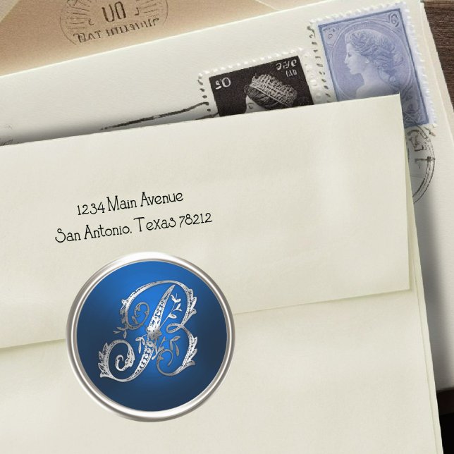 Sticker Rond Sceau d'enveloppe d'argent et de monogramme B bleu (Créateur téléchargé)