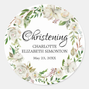 Sticker Rond Sceau d'enveloppe de Christening Floral Blanc