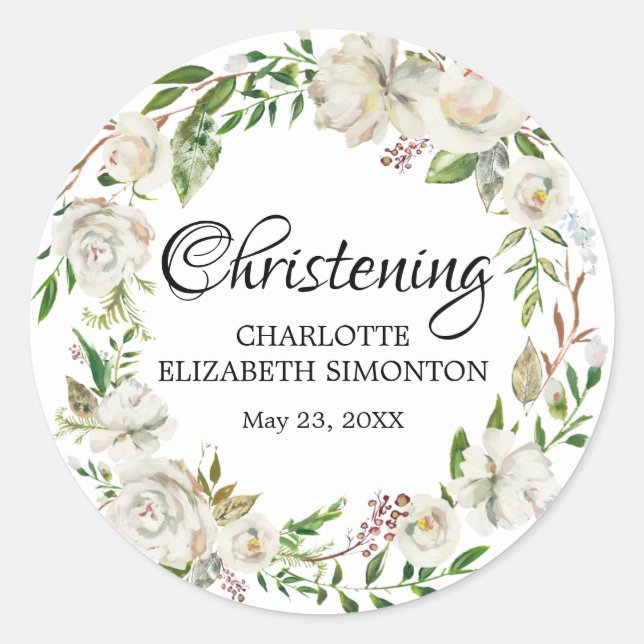 Sticker Rond Sceau d'enveloppe de Christening Floral Blanc (Devant)