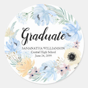 Sticker Rond Sceau d'enveloppe de graduation florale bleu chic