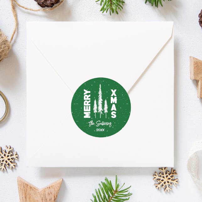 Sticker Rond Sceau d'enveloppe de Joyeux vert et blanc (Green Modern Merry Christmas envelope seal to adorn your mailings this season. Buy now!)