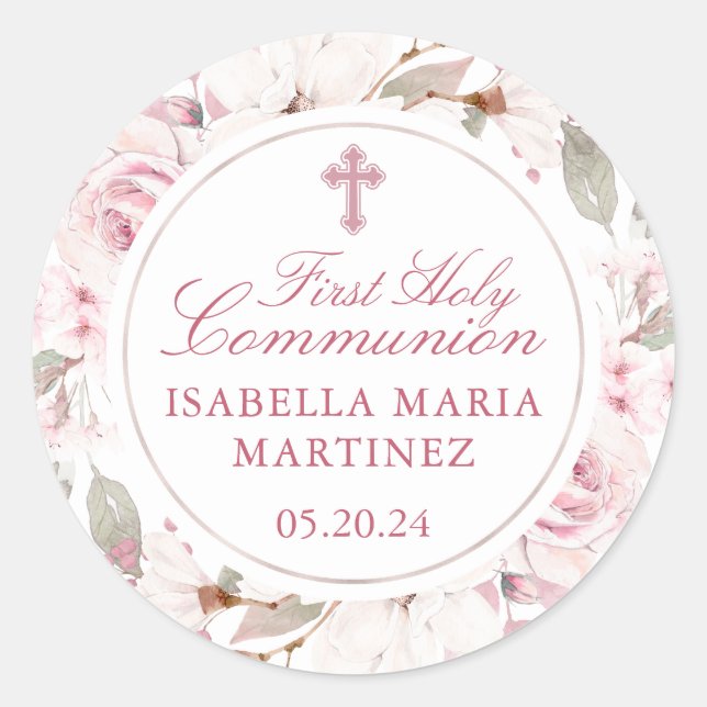 Sticker Rond Sceau d'enveloppe de la première communion rose ro (Devant)