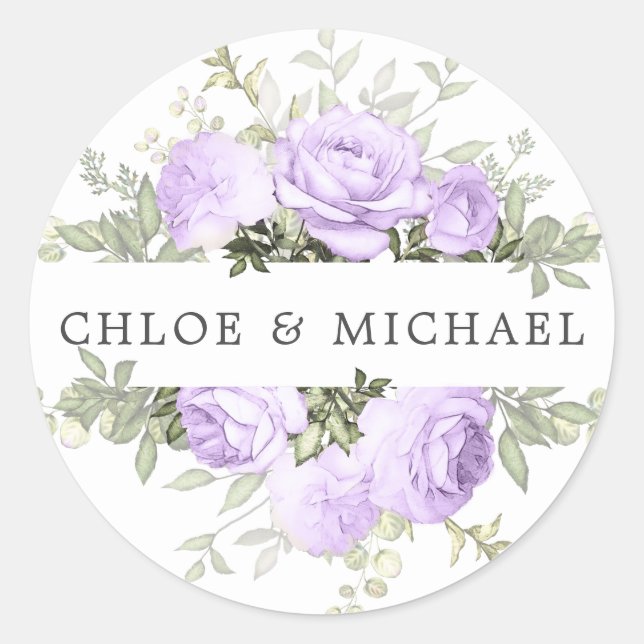 Sticker Rond Sceau d'enveloppe de Mariage Floral blanc violet (Devant)