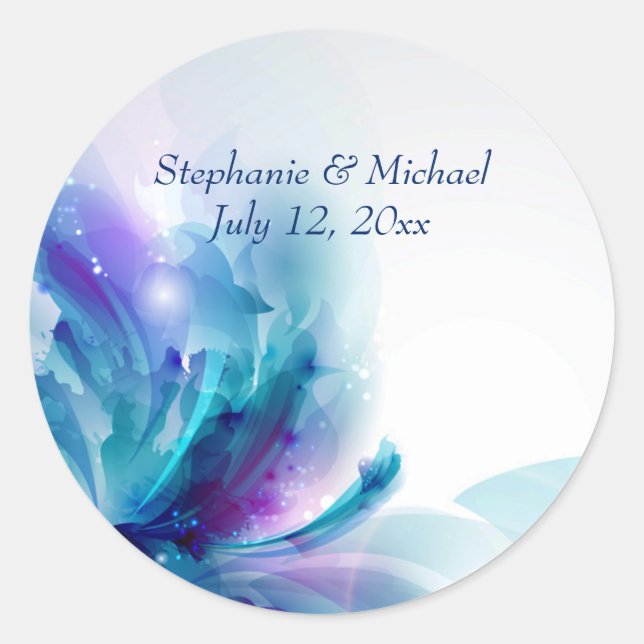 Sticker Rond Sceau d'enveloppe de Mariage floral bleu et violet (Devant)