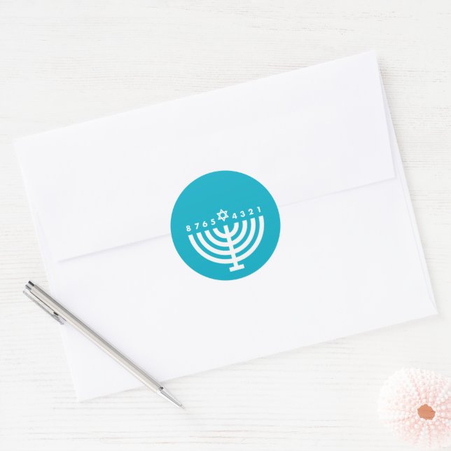 Sticker Rond Sceau d'enveloppe de Menorah Hanukkah sarcelle et  (Enveloppe)
