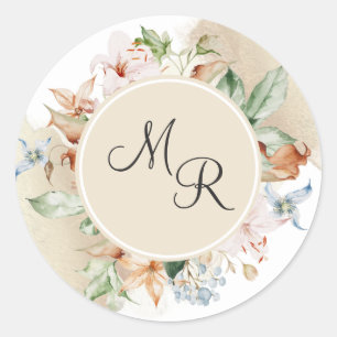 Sticker Rond Sceau d'enveloppe de monogramme beige floral