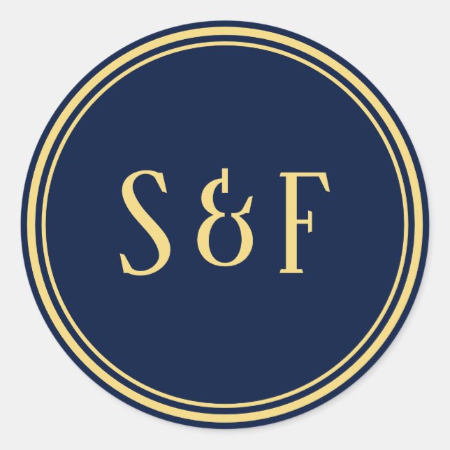 Sticker Rond Sceau d'enveloppe de monogramme bleu et or (Devant)