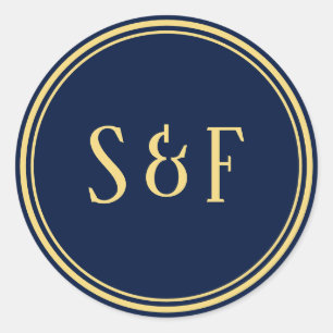 Sticker Rond Sceau d'enveloppe de monogramme bleu et or