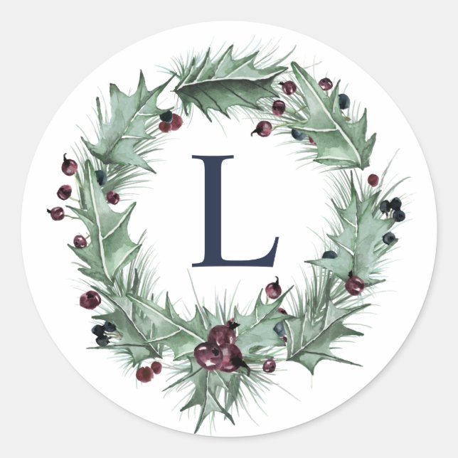 Sticker Rond Sceau d'enveloppe de monogramme des baies de Noël (Devant)