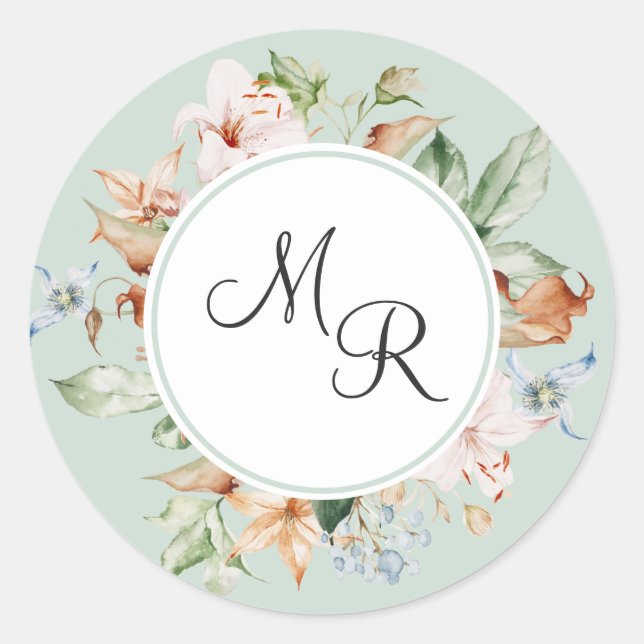 Sticker Rond Sceau d'enveloppe de monogramme floral vert, tons  (Devant)