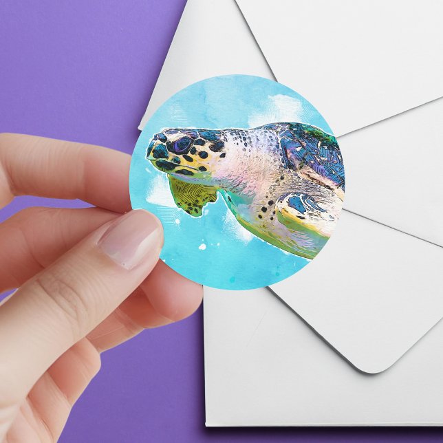 Sticker Rond Sceau d'enveloppe de tortue de mer d'aquarelle (Créateur téléchargé)