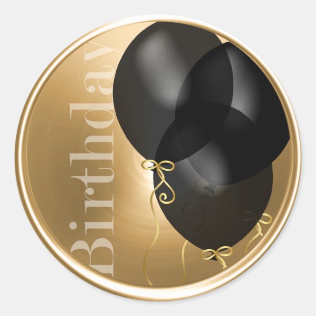 Sticker Rond Sceau d'enveloppe d'or des ballons noirs d'anniver (Devant)