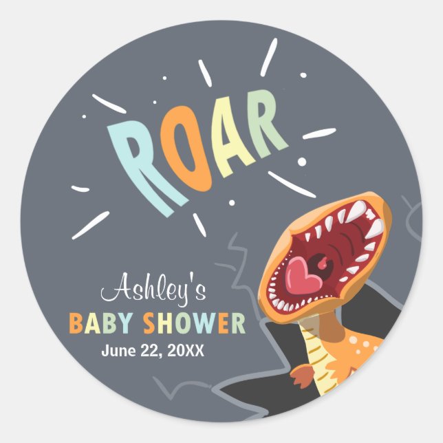 Sticker Rond Sceau d'enveloppe du Baby shower Dinosaure torréfi (Devant)