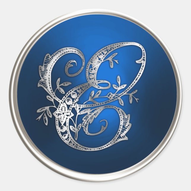 Sticker Rond Sceau d'enveloppe E Monogramme d'argent et bleu (Devant)
