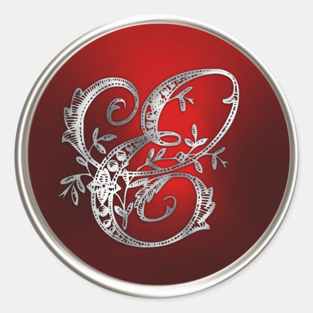 Sticker Rond Sceau d'enveloppe E Monogramme rouge et argent (Devant)