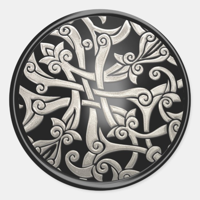 Sticker Rond Sceau d'enveloppe en damas celtique noir et argent (Devant)