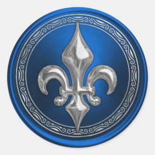 Sticker Rond Sceau d'enveloppe Fleur de Lis bleu et argent