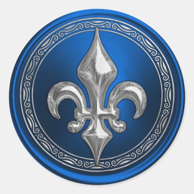 Sticker Rond Sceau d'enveloppe Fleur de Lis bleu et argent (Devant)