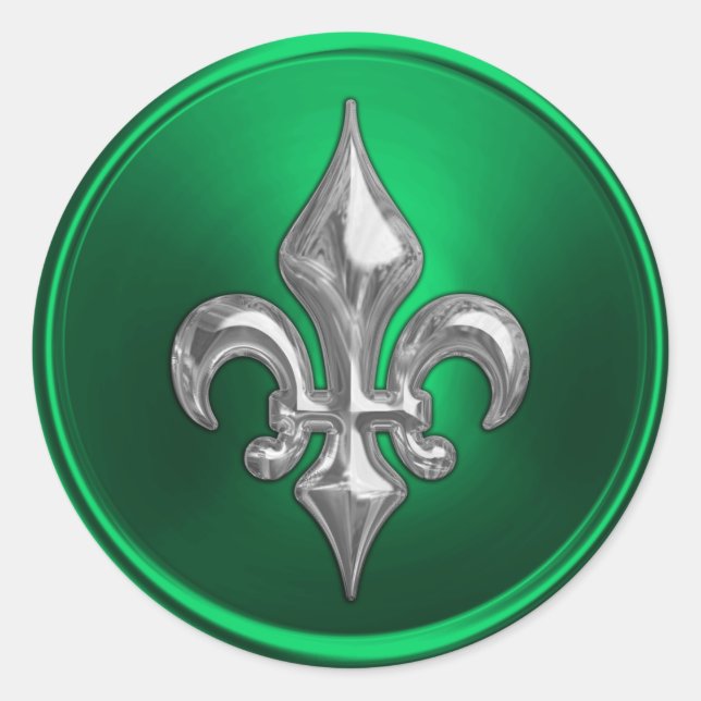Sticker Rond Sceau d'enveloppe Fleur de Lis vert et argent (Devant)