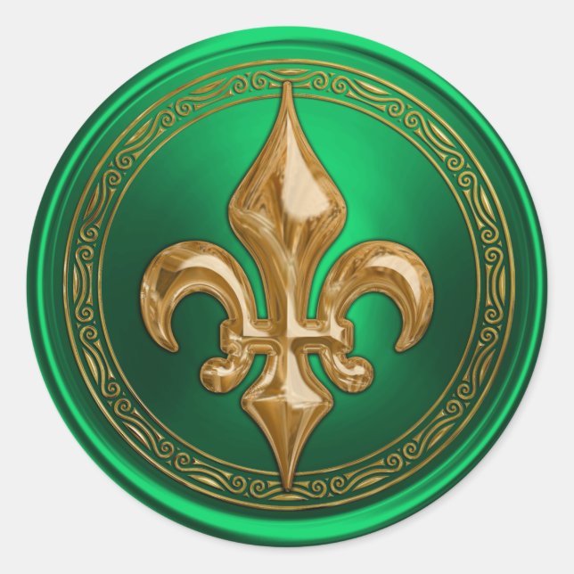 Sticker Rond Sceau d'enveloppe Fleur de Lis vert et or (Devant)