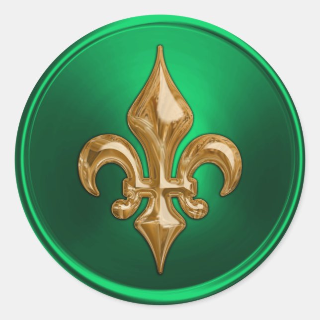 Sticker Rond Sceau d'enveloppe Fleur de Lis vert et or (Devant)