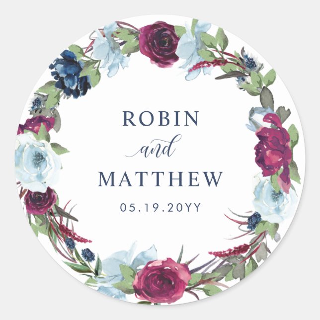 Sticker Rond Sceau d'enveloppe florale Berry, Bleu Bourgogne /  (Devant)