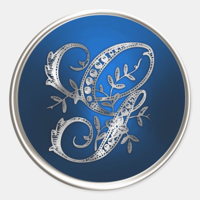 Sticker Rond Sceau d'enveloppe G en argent et en bleu monogramm (Devant)