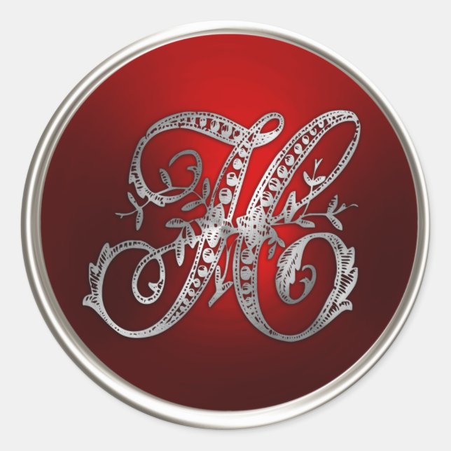 Sticker Rond Sceau d'enveloppe H Monogramme rouge et argent (Devant)