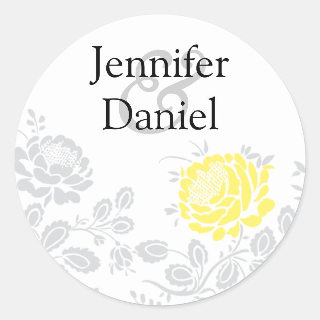 Sticker Rond Sceau d'enveloppe jaune et gris Damas (Devant)