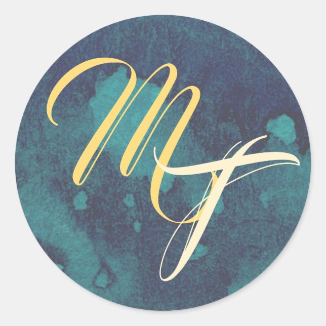 Sticker Rond Sceau d'enveloppe Mariage bleu et or (Devant)