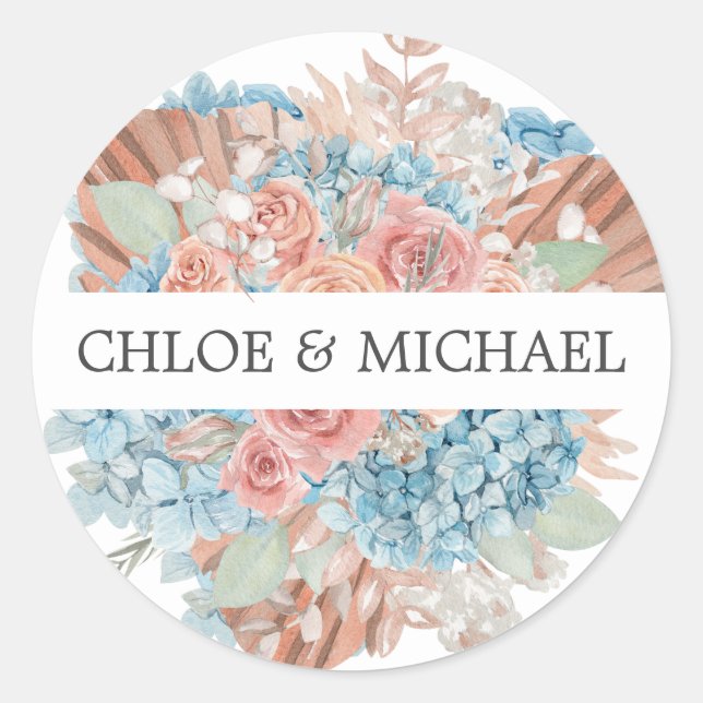 Sticker Rond Sceau d'enveloppe Mariage Dusty Rose Blue Hydrange (Devant)
