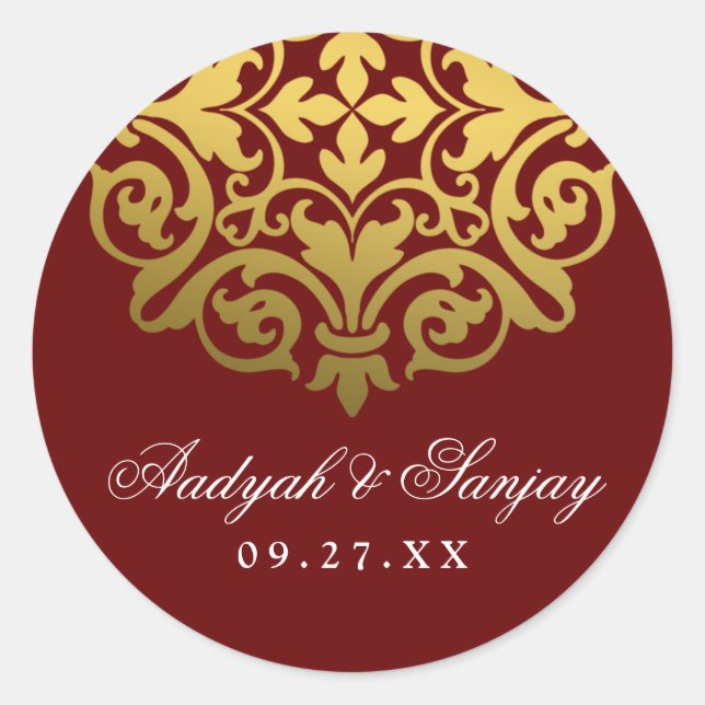 Sticker Rond Sceau d'enveloppe Mariage rouge Mandala Gold (Devant)
