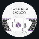 Sticker Rond Sceau d'enveloppe mariage Vegas<br><div class="desc">stickers d'enveloppe Mariage violet Las Vegas avec 3 as et une touche de damas.Produits correspondants également disponibles</div>