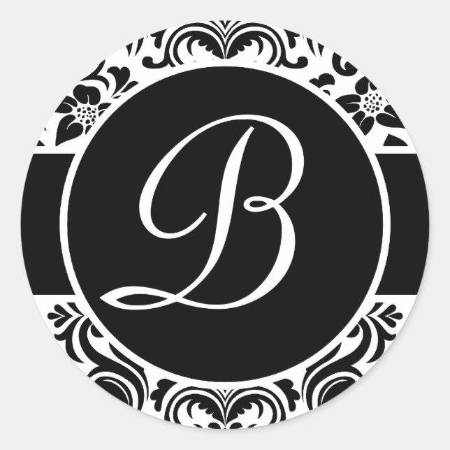 Sticker Rond Sceau d'enveloppe monogramme noir et blanc Damas (Devant)
