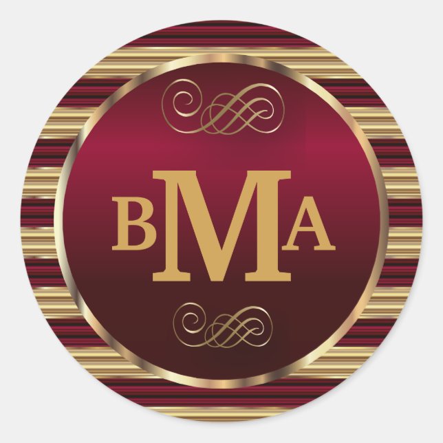 Sticker Rond Sceau d'enveloppe Monogramme rouge foncé et or (Devant)