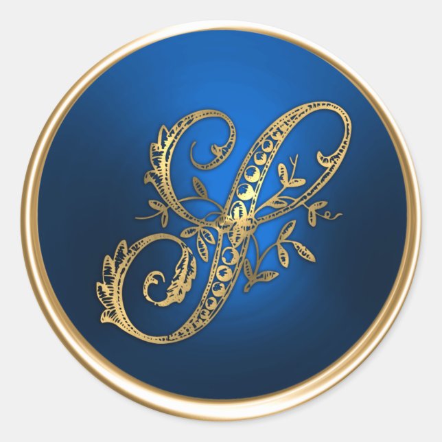 Sticker Rond Sceau d'enveloppe Monogramme S or et bleu (Devant)