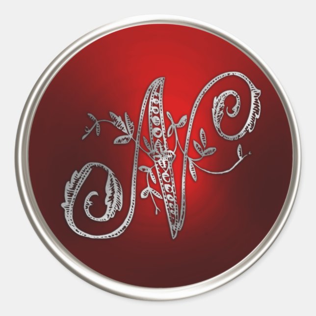 Sticker Rond Sceau d'enveloppe N Monogramme rouge et argent (Devant)
