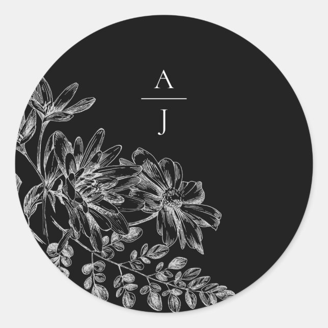 Sticker Rond Sceau d'enveloppe noir blanc Mariage Monogramme (Devant)
